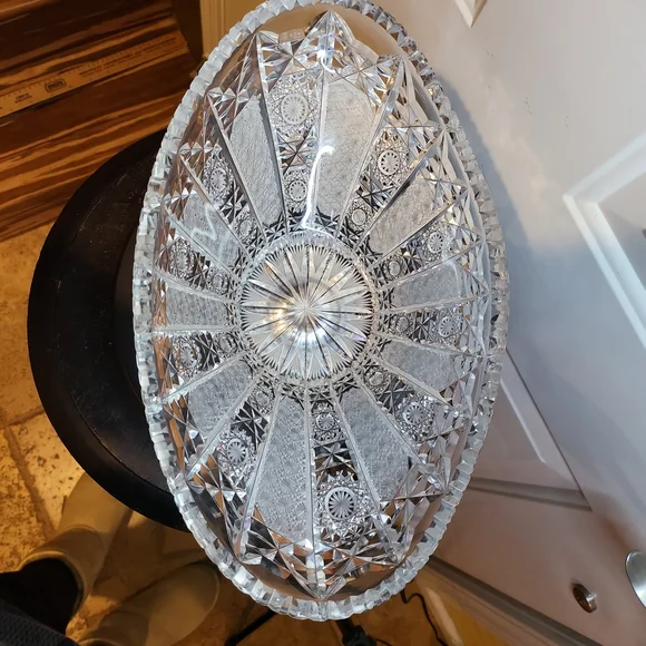 Beautiful Antique Wheel Cut Glass Ornate Oval Crystal Bowl 12.5" - Picture 8 of 10